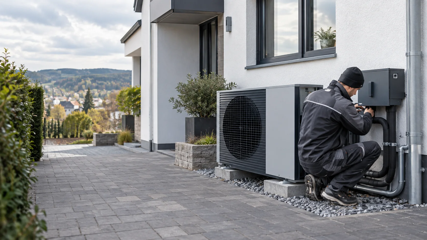 Fachgerechte Installation einer Wärmepumpe an einem Wohnhaus